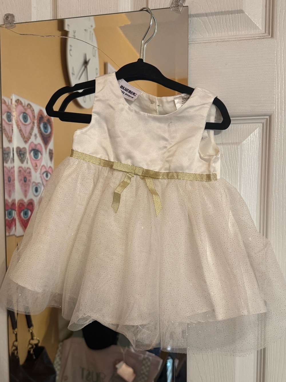 Cream Sparkle Tulle Baby Dress with Gold Ribbon